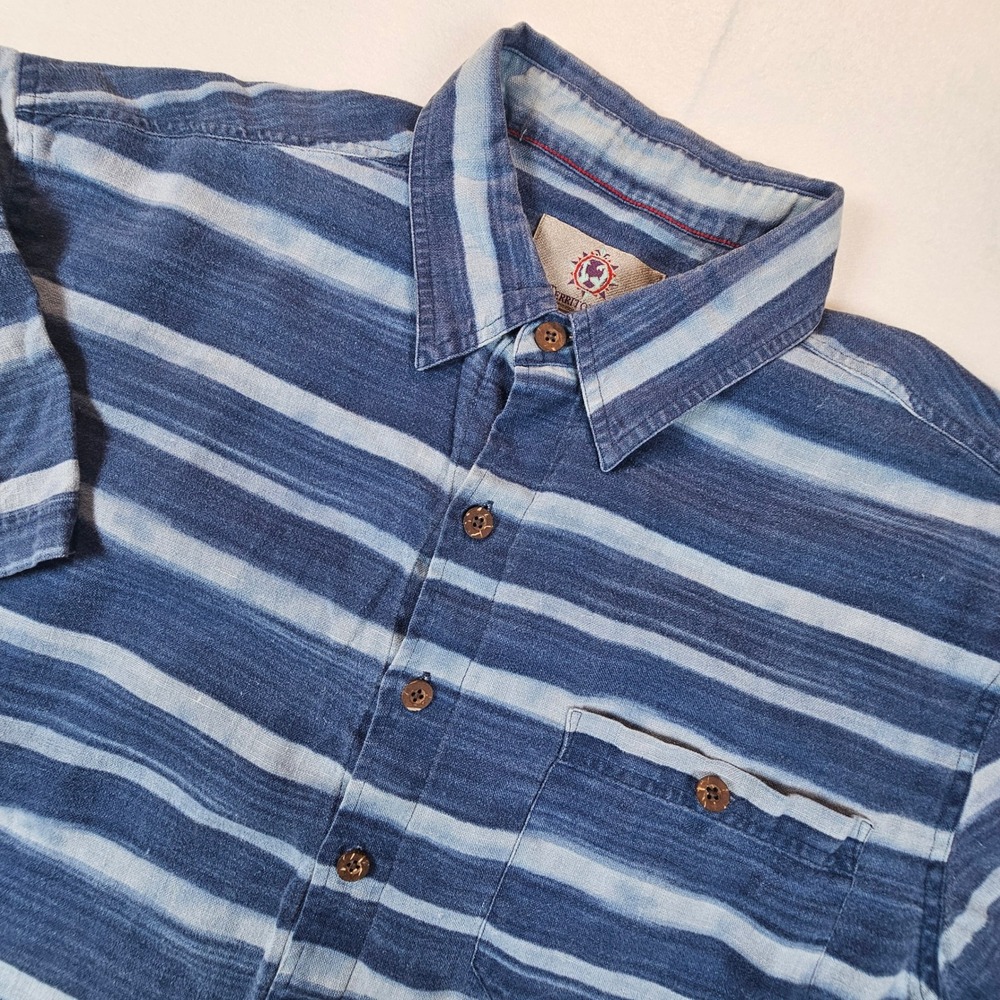 The Territory Ahead Mens Large Blue Striped 100% Linen Short Sleeve Button Shirt